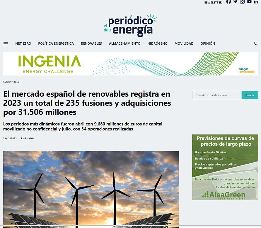 El mercado espaol de renovables registra en 2023 un total de 235 fusiones y adquisiciones por 31.506 millones